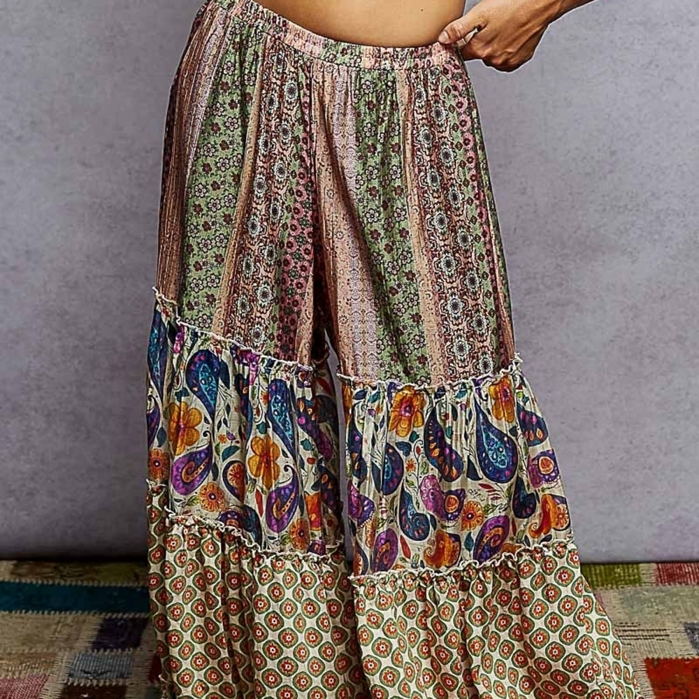 089 POL The Drift 1 Vibrant Patchwork Boho Pants In Sage Multi - Picture 4 of 5
